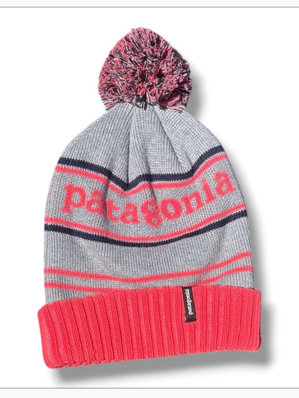 Patagonia Beanie Hat Knit Pom Pom Striped Gray Pink Blue Winter Cap child
